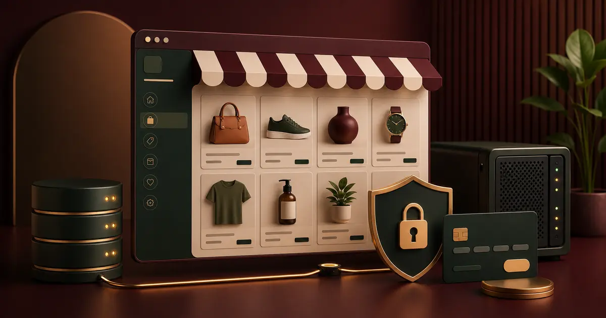 Illustration d’une boutique en ligne reliée à sa base, son serveur et sa sécurité